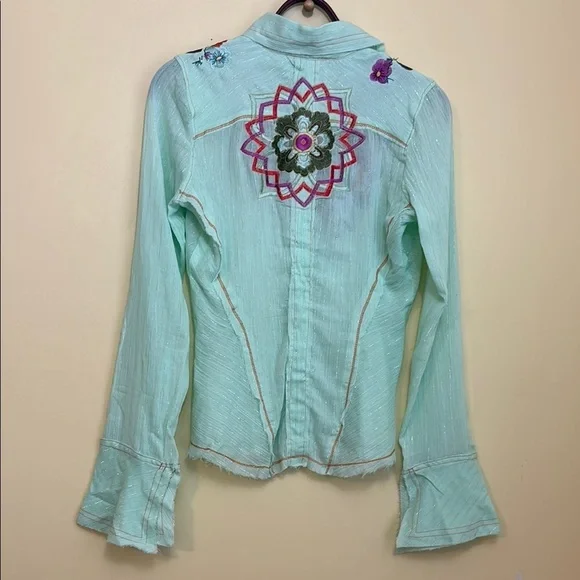 Aziz | Mint Green Floral Embroidered Metallic Thread Cotton Button Up Shirt M - Picture 17 of 17